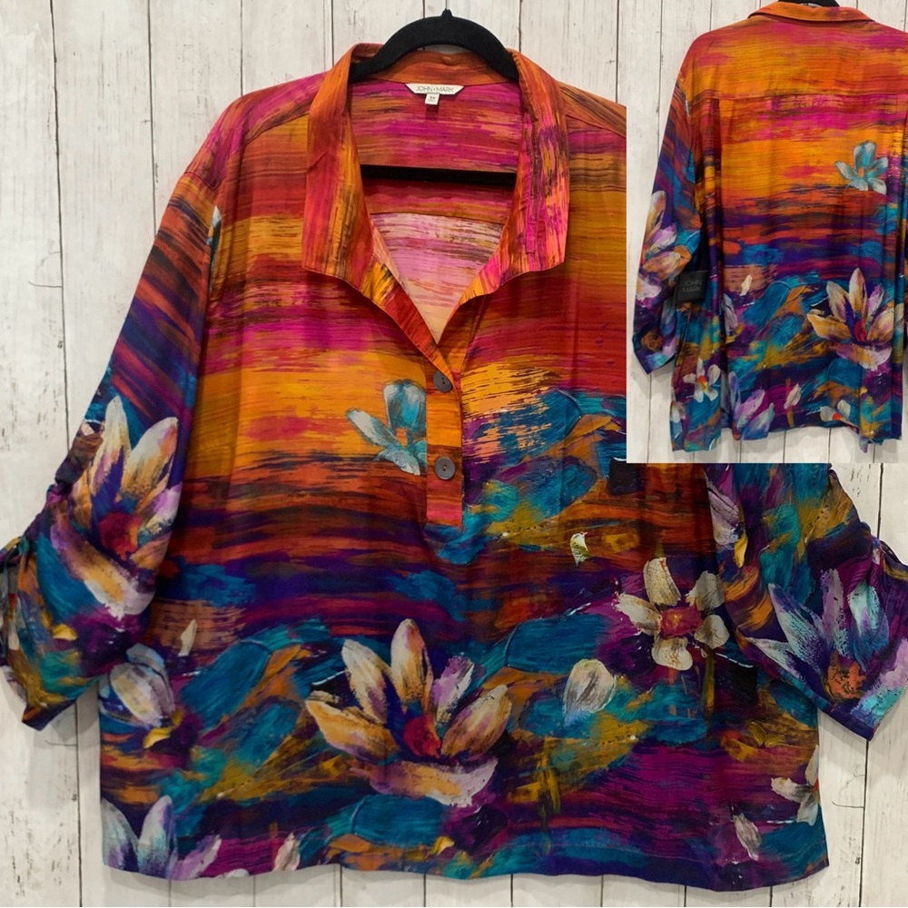 John Mark Top Shirt Tunic Women 3X Abstract Floral Print Collared 3/4 Sleeve NWT